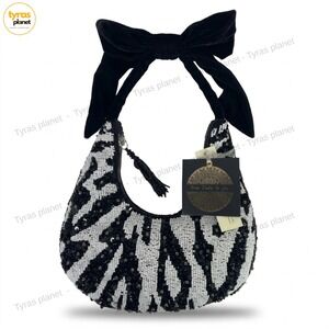 Black And White Zebra Stripe Beaded Hand Bag With Bow NWT From India To You